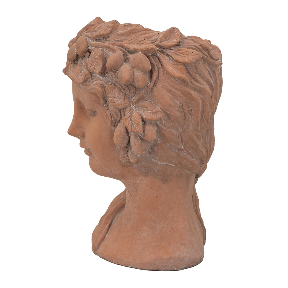 Terracotta classical bust planter with fruit and leaf accents perfect for gardens
