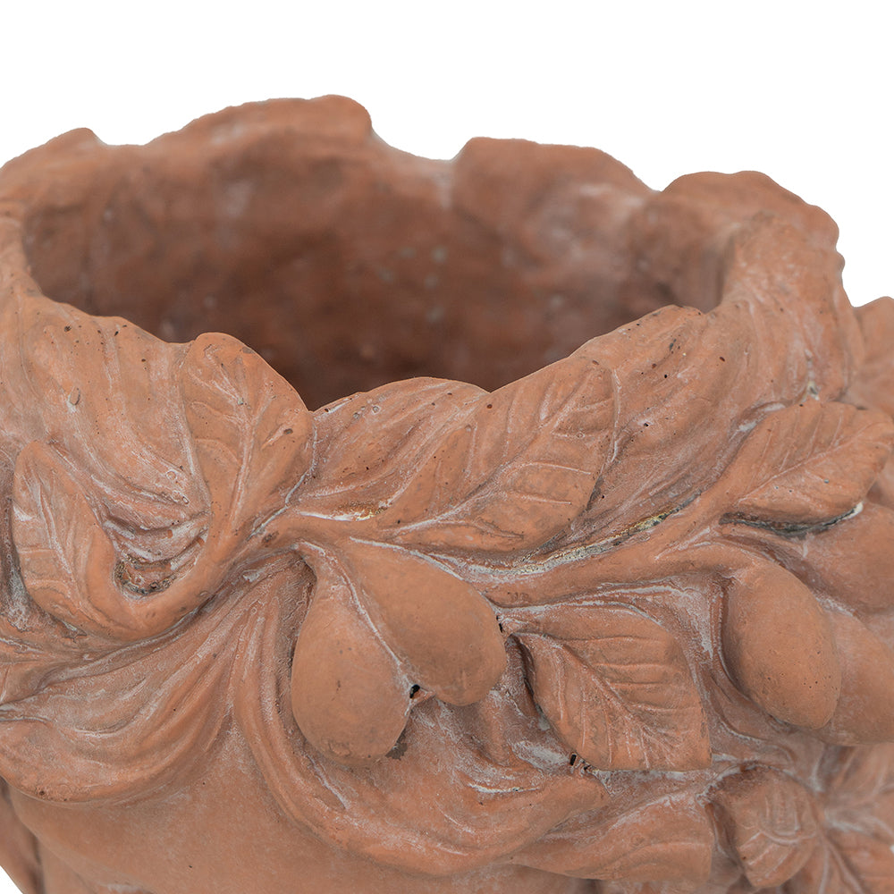 Terracotta planter with embossed leaf and fruit design