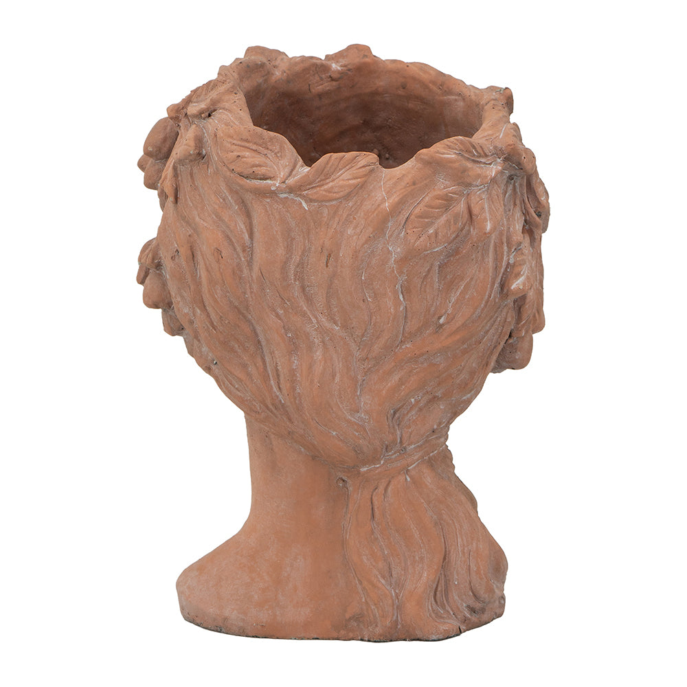 Terracotta bust planter with a classical female profile and leaf crown