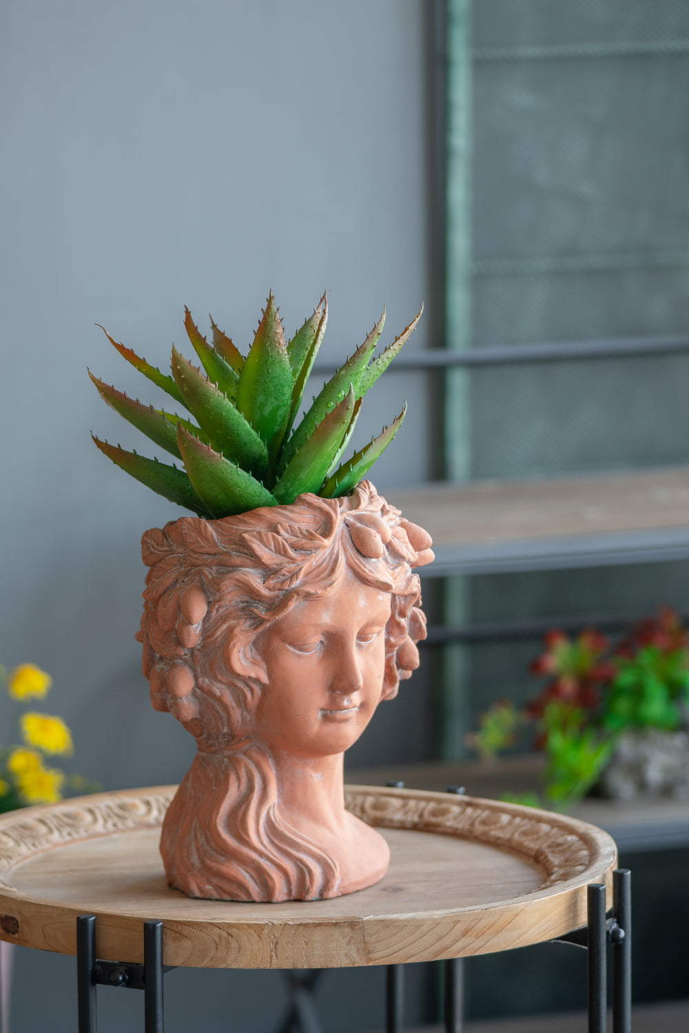 Terracotta head planter with green aloe vera plant classical design for home decor