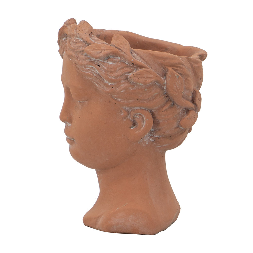 Terracotta bust planter featuring a neoclassical profile with a laurel wreath detail