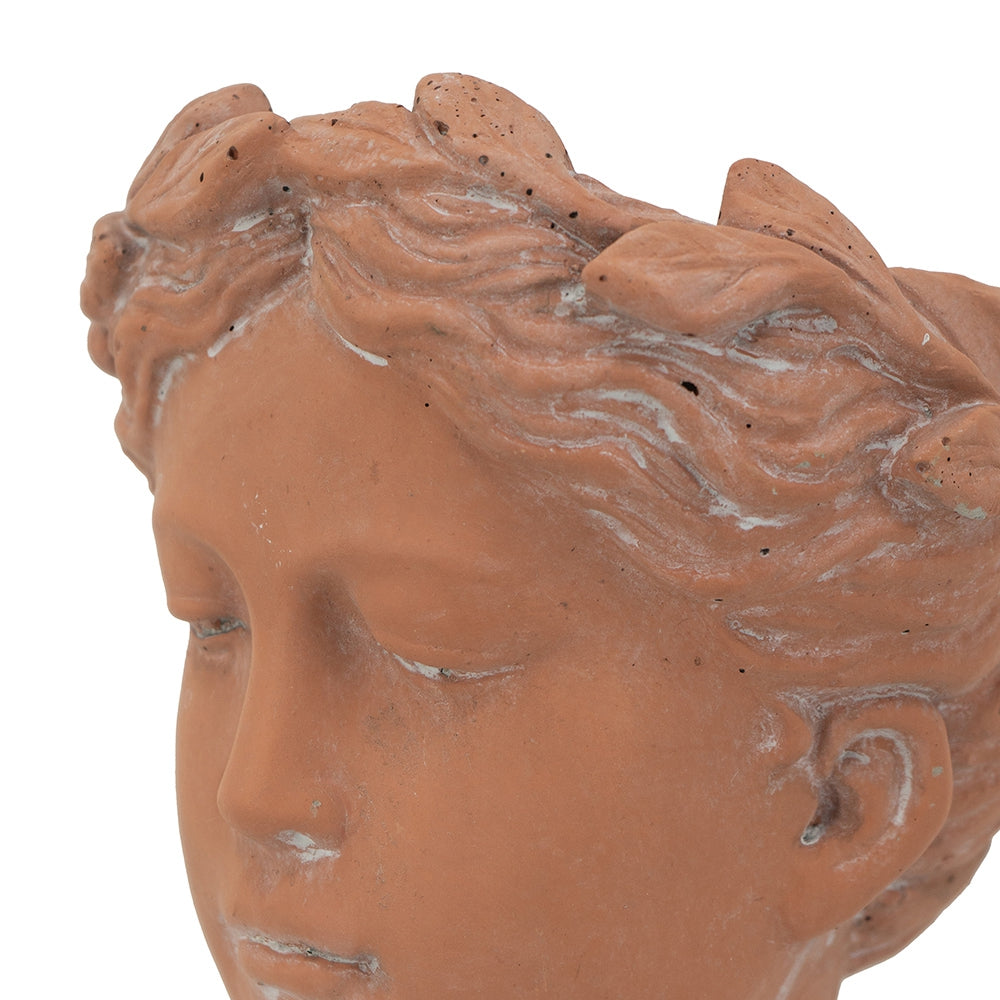 Terracotta bust planter with classical sculpted features and wavy hair