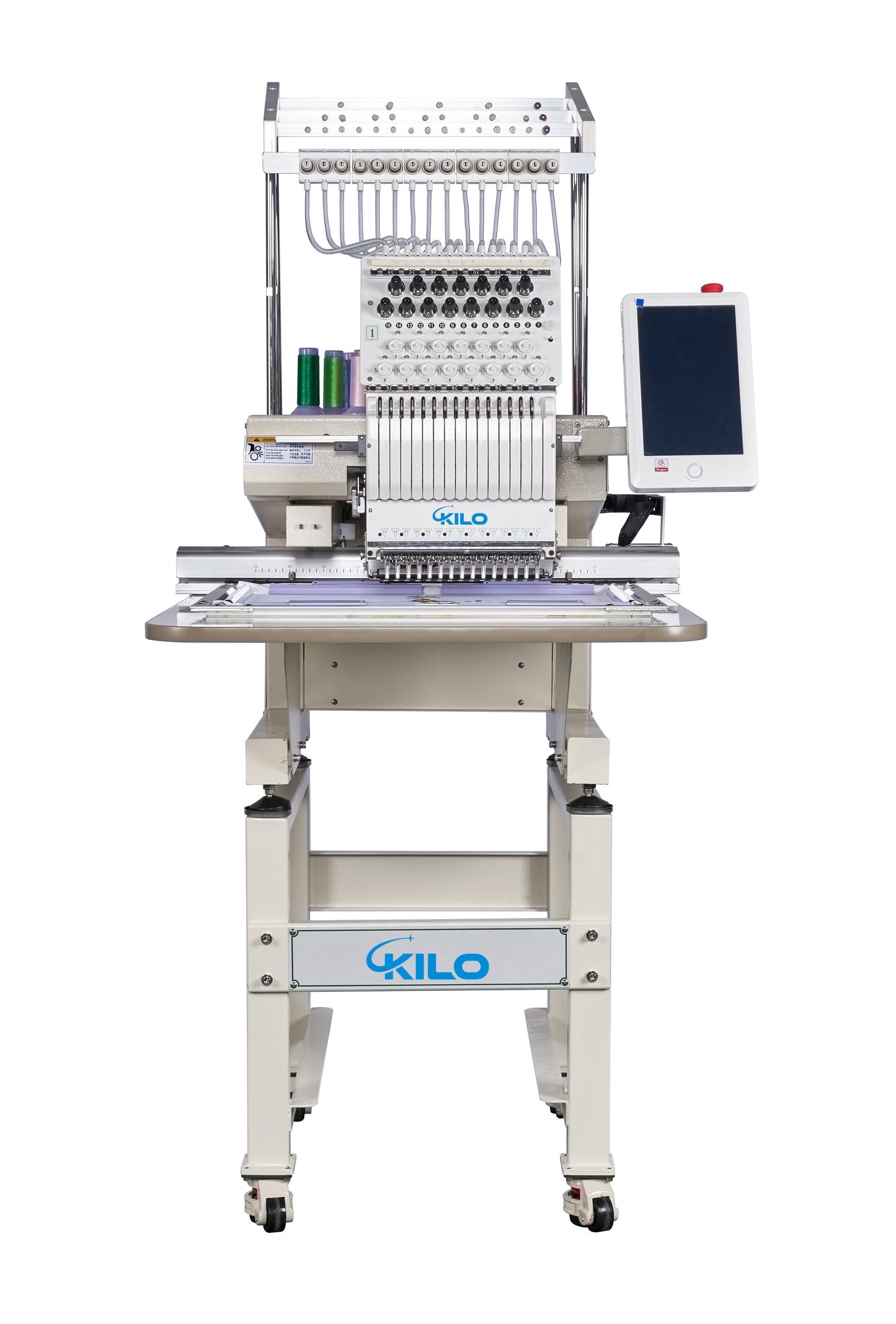 White KILO needle embroidery machine with touchscreen ideal for professional garment customization