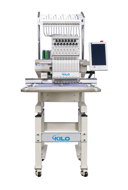 White KILO needle embroidery machine with touchscreen ideal for professional garment customization