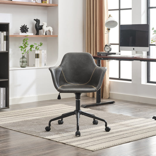Dark gray faux leather office chair with decorative stitching and black metal base with wheels