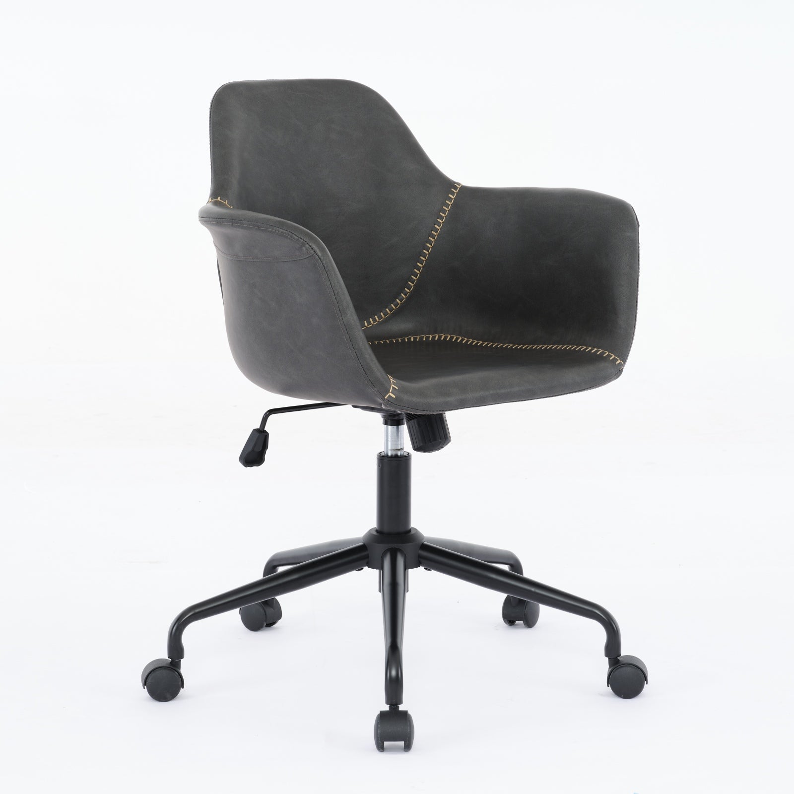 Dark grey faux leather office chair with contrast stitching and black metal base