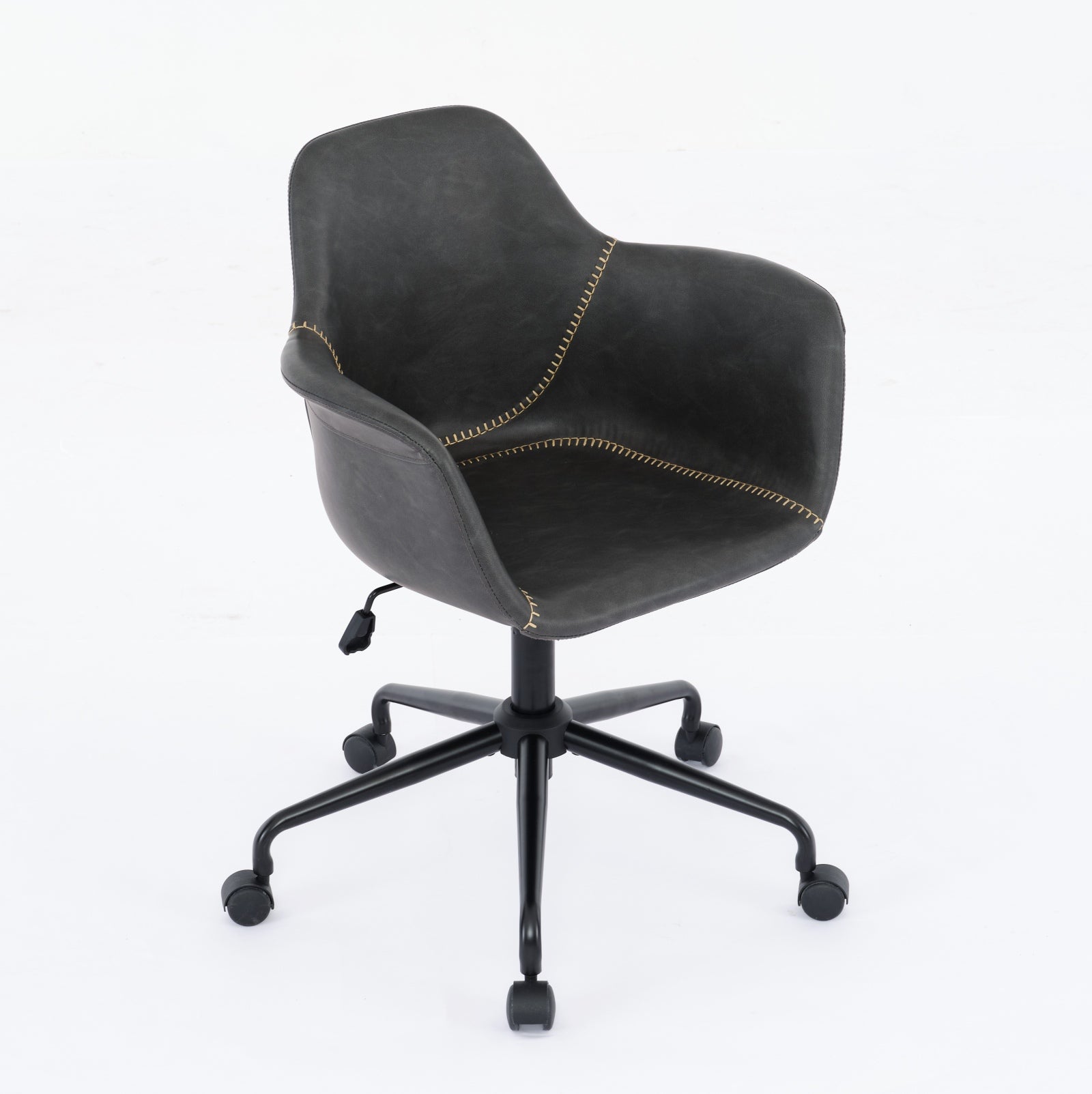 Dark grey faux leather office chair with yellow stitching detail on black casters