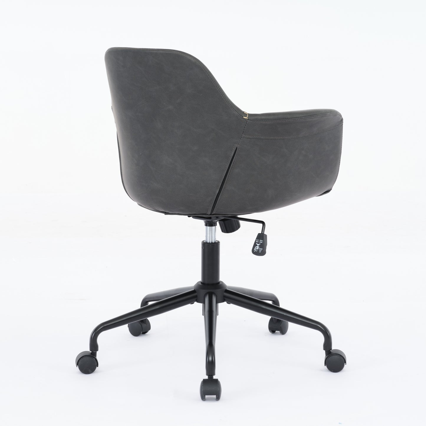 Dark gray faux leather office chair with adjustable height lever and fivewheel base