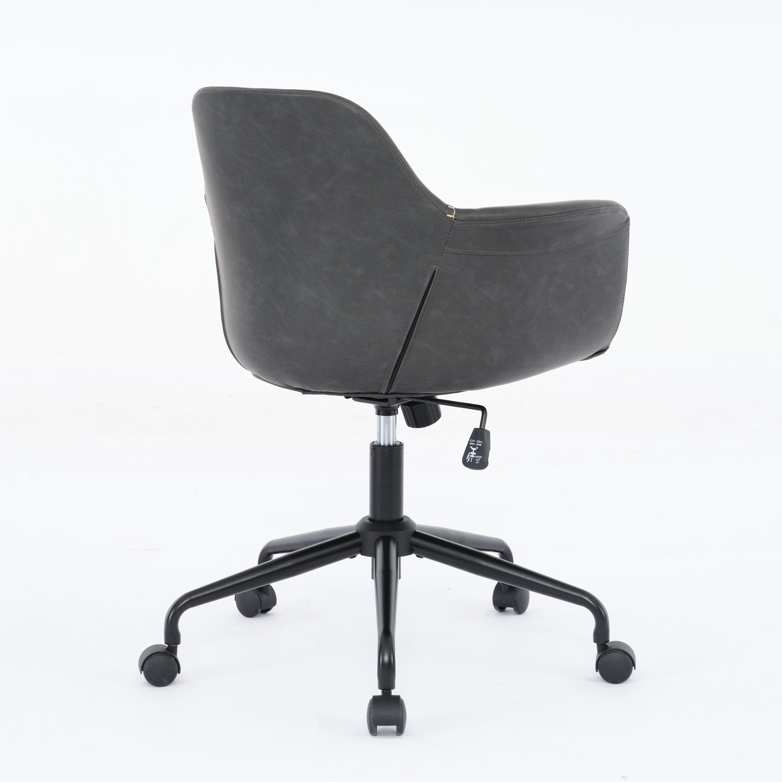 Dark gray faux leather office chair with adjustable height lever and fivewheel base