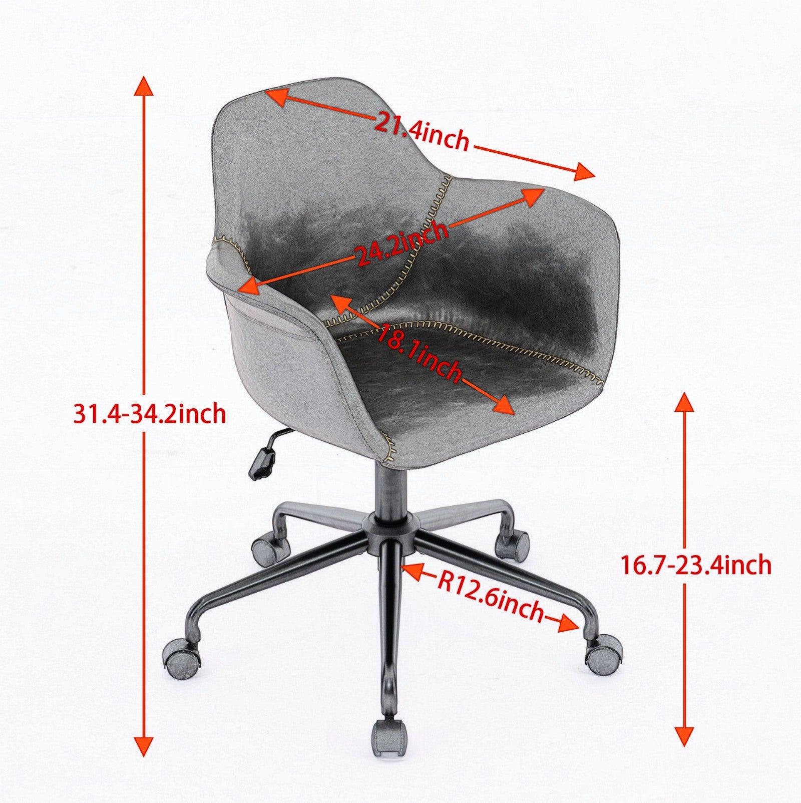 Adjustable grey velvet desk chair with detailed stitching and fivewheel base for mobility