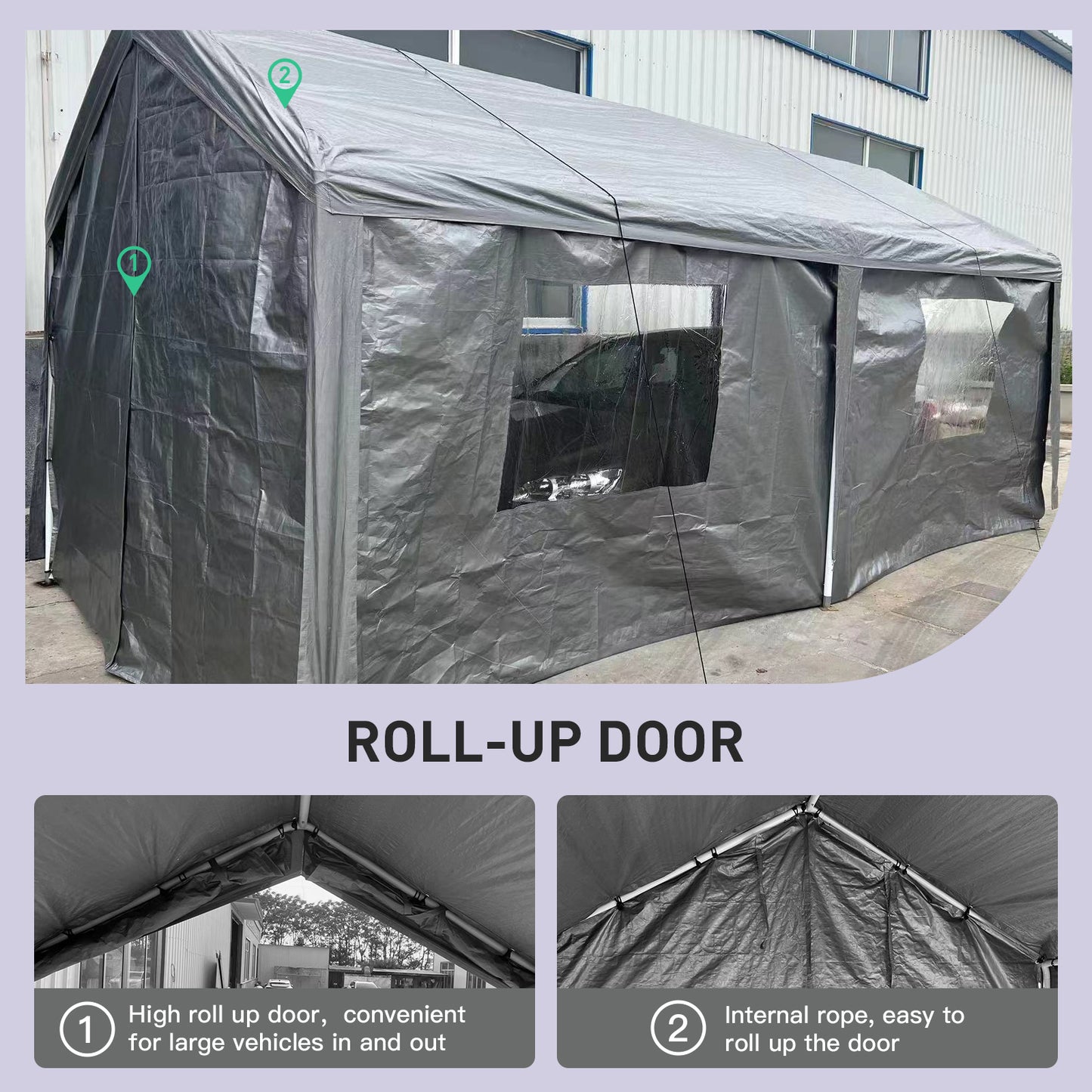 Gray heavy duty car shelter with rollup door and windows