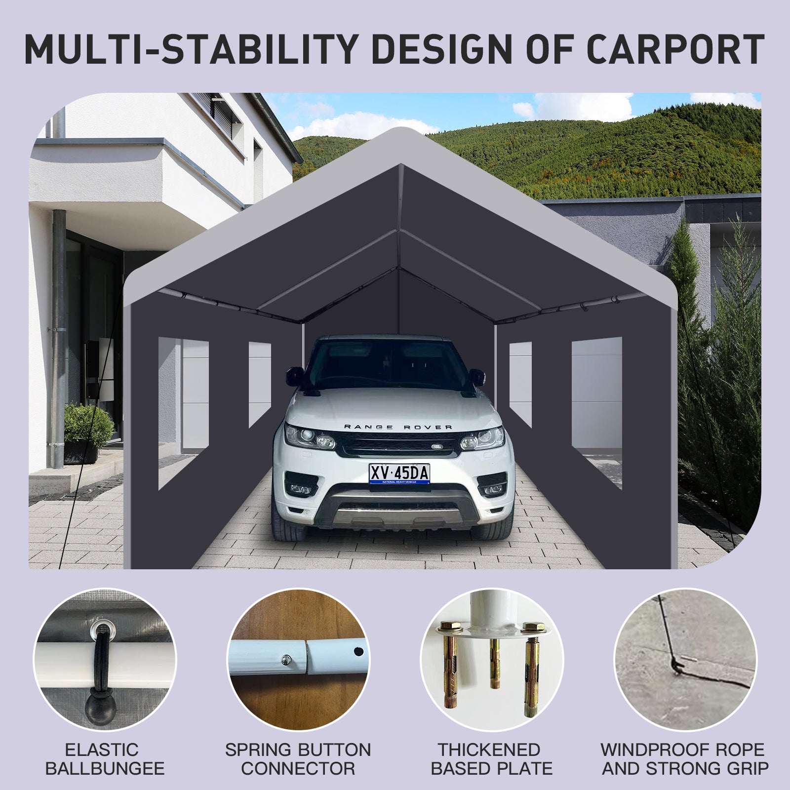 Heavyduty carport with a white Range Rover for vehicle protection from elements