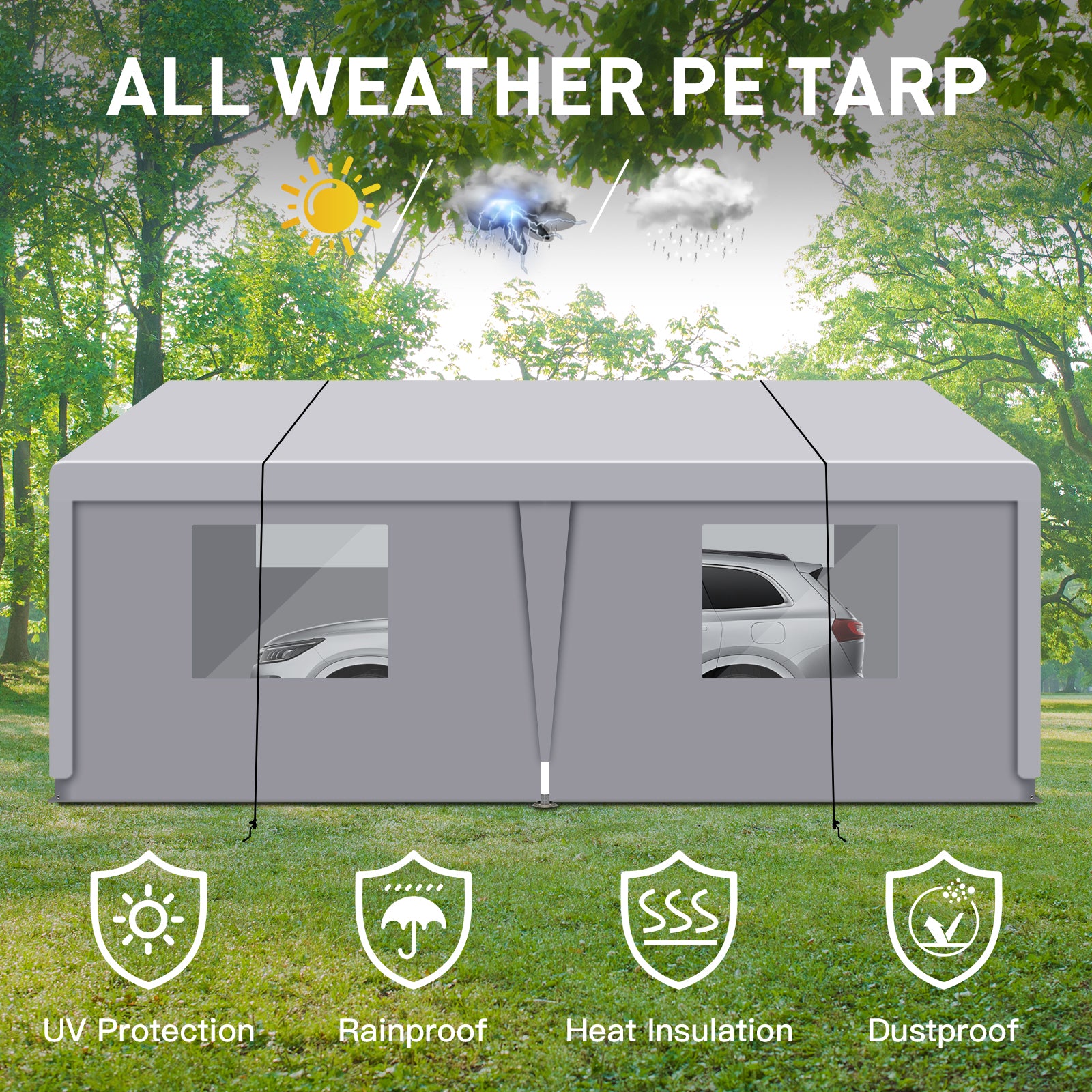 Gray PE tarp protects vehicles from sun rain and dust with UV protection