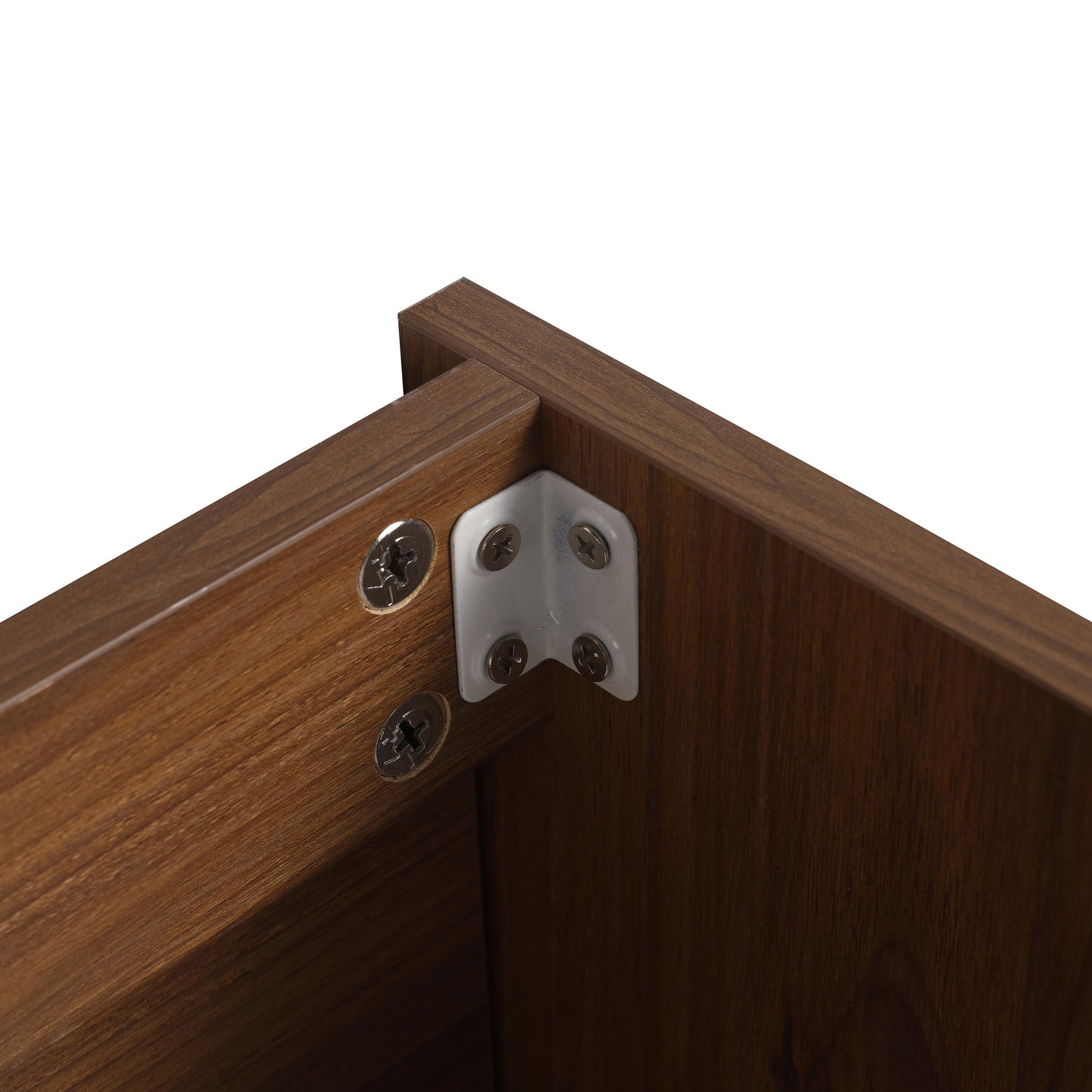 Closeup of walnut wood grain on furniture corner with Lbracket support