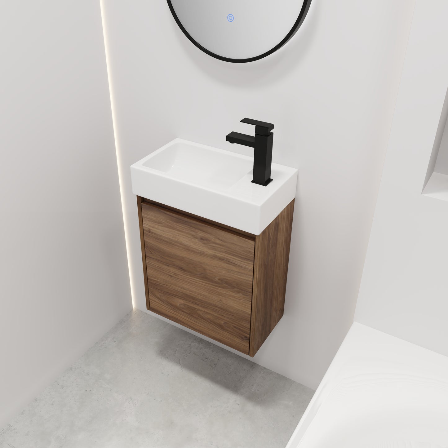 Modern walnut vanity with white ceramic sink and matte black faucet ideal for contemporary bathrooms