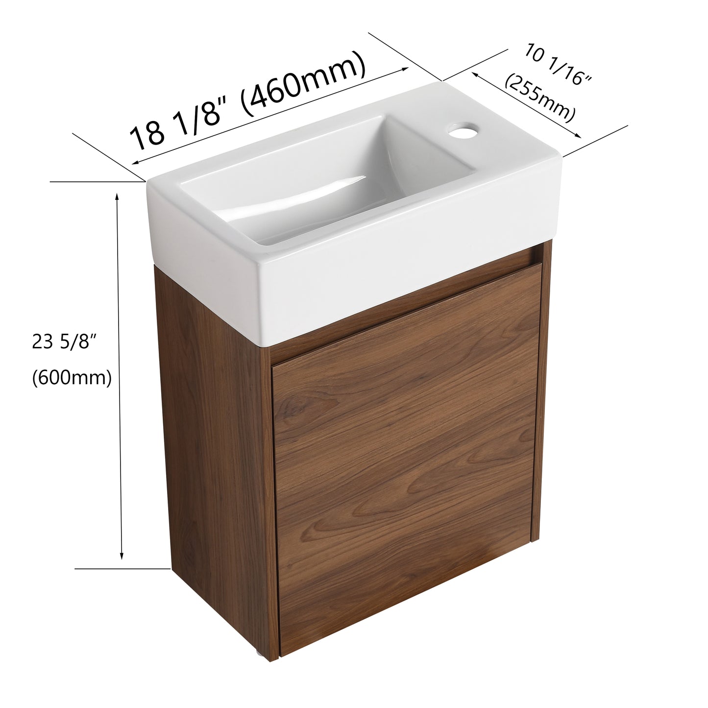 Compact white ceramic wallmounted vanity with a rich walnut wood cabinet   wide