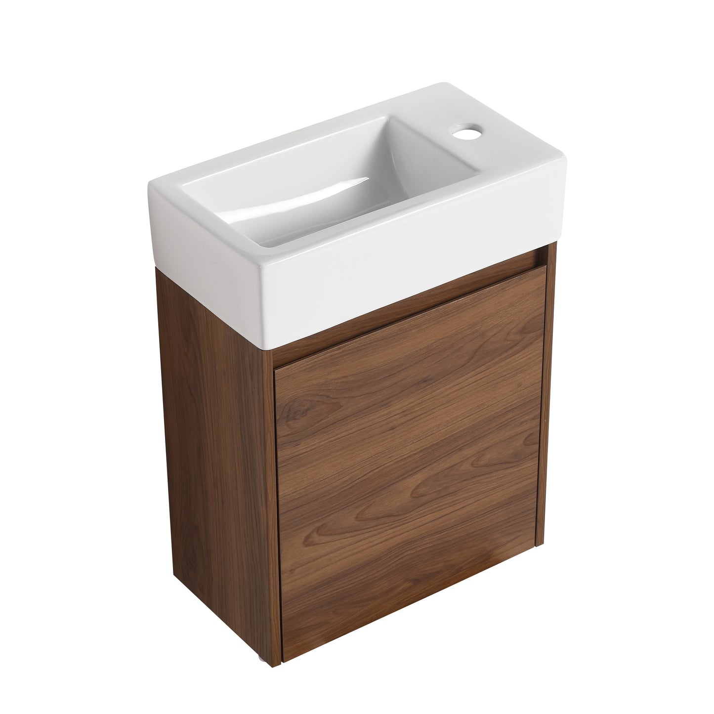Compact white ceramic wallmounted sink with a dark walnut vanity cabinet for small bathrooms