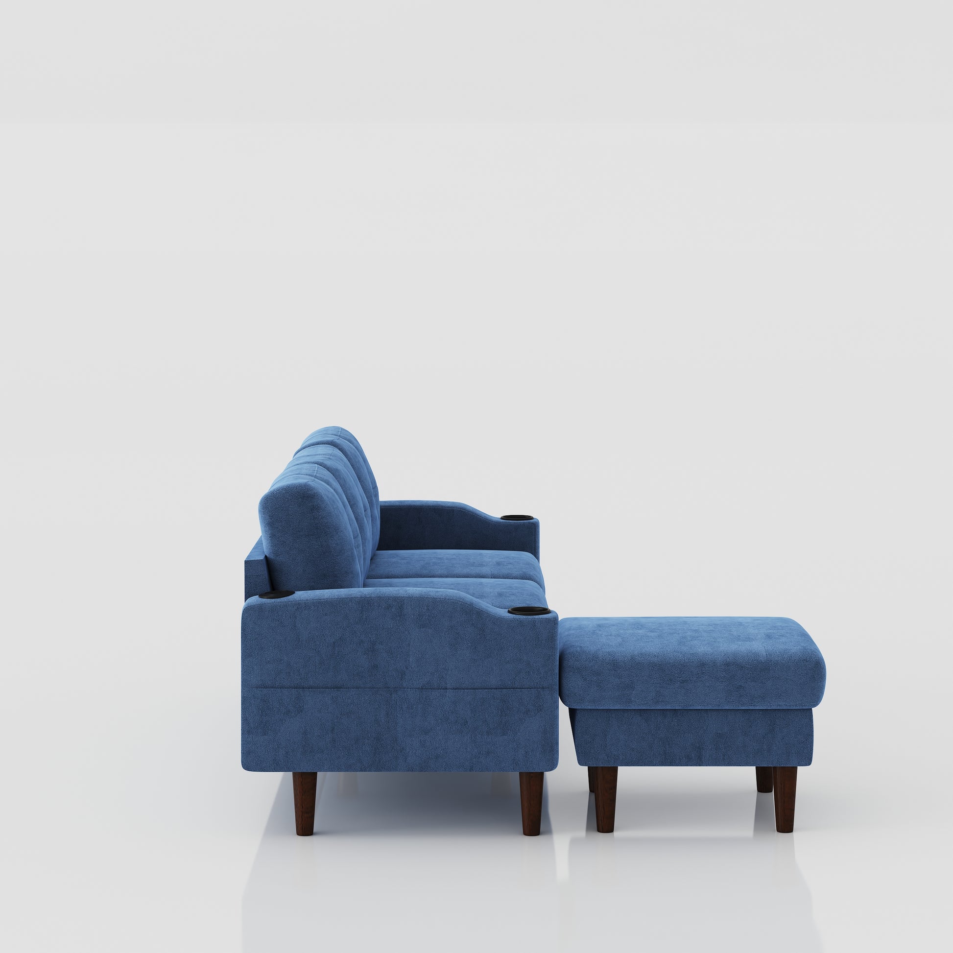 Blue velvet sectional sofa with builtin cup holders and matching ottoman