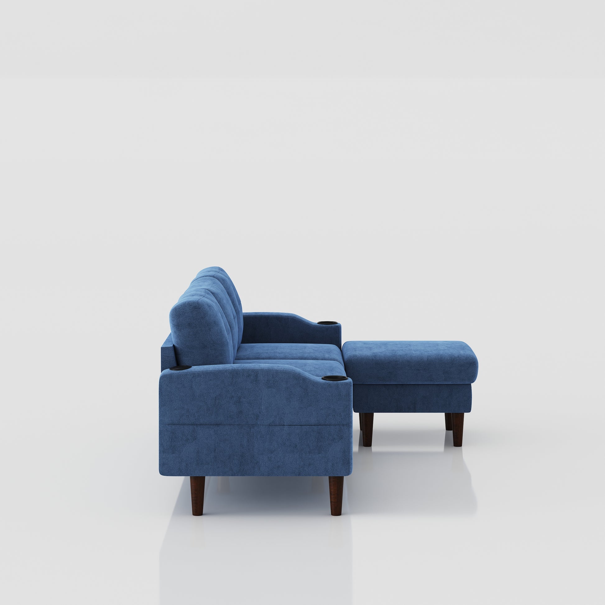 Blue upholstered sectional sofa with builtin cup holders and matching ottoman