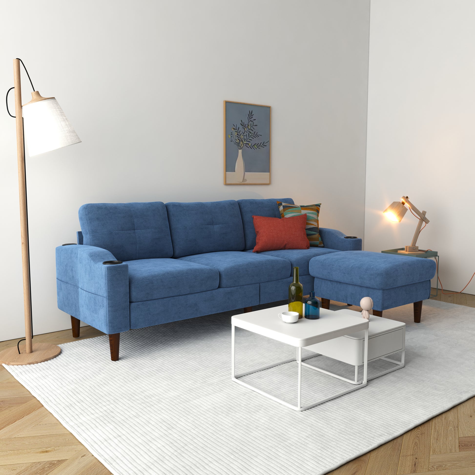 Deep blue sectional sofa with chaise plush fabric modern living room furniture