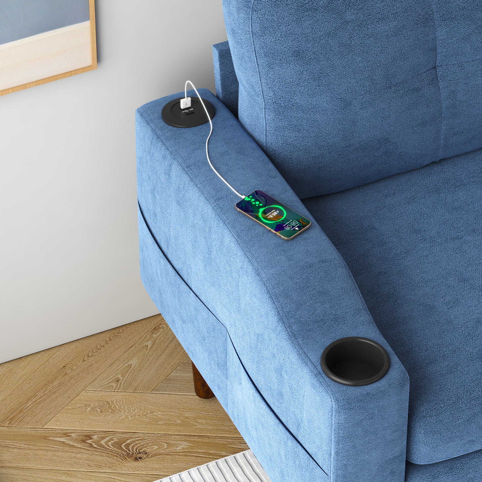 Blue upholstered armchair with builtin USB charging port and cup holder