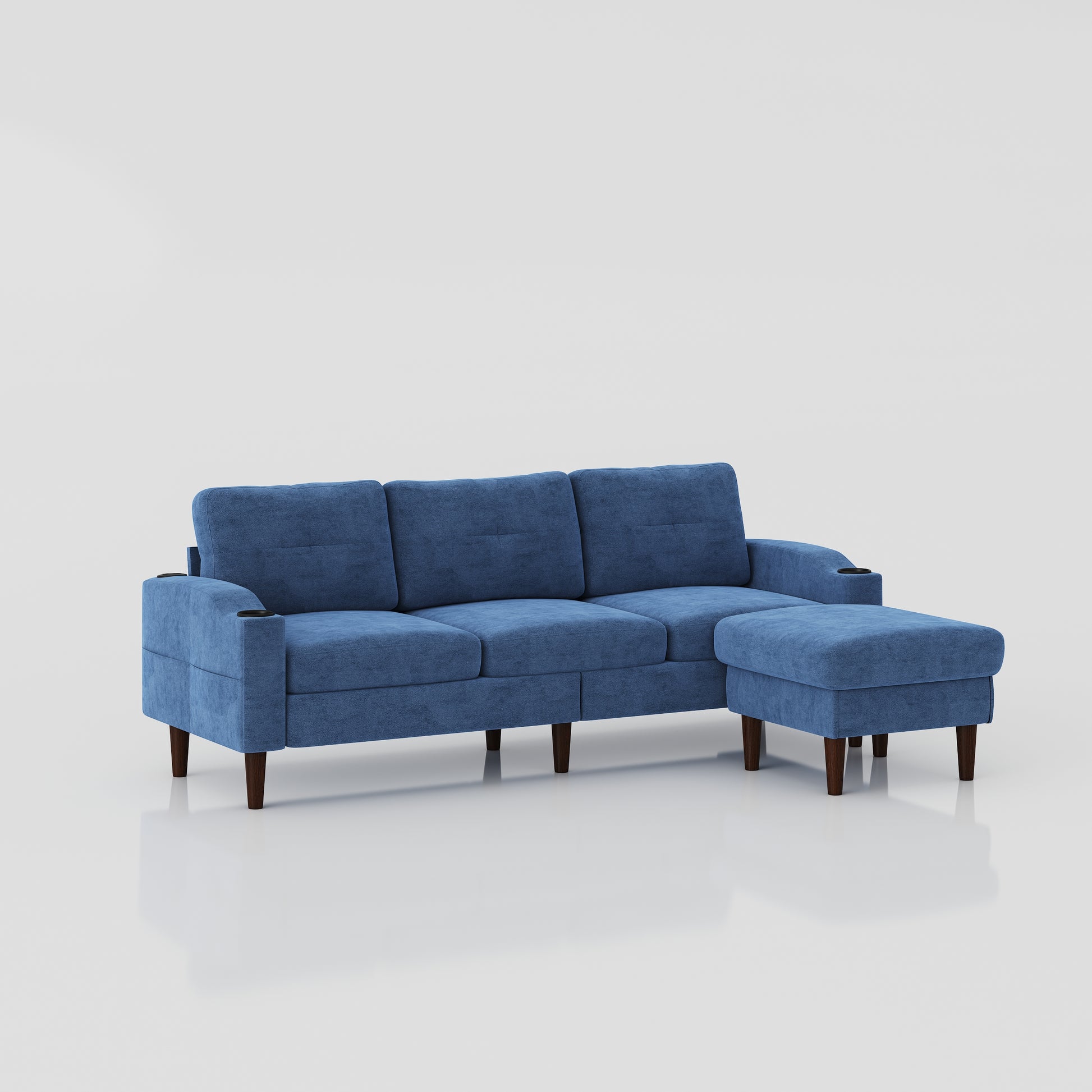 Blue fabric sectional sofa with chaise and builtin cup holders for modern living rooms