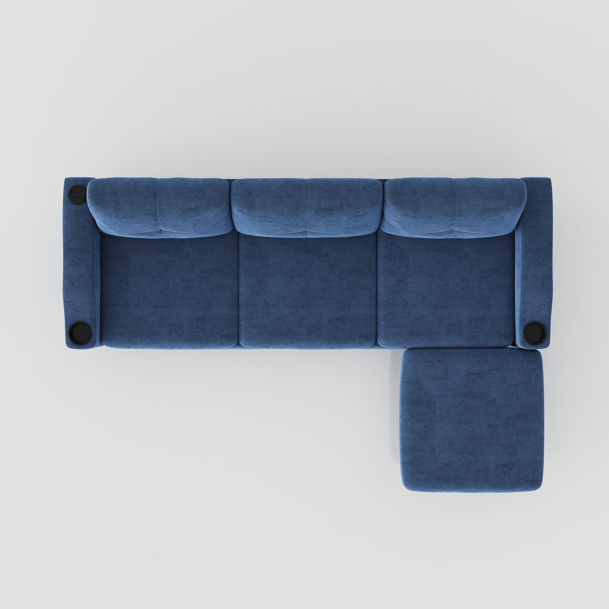 Deep blue fabric sectional sofa with a chaise lounge and builtin cup holders