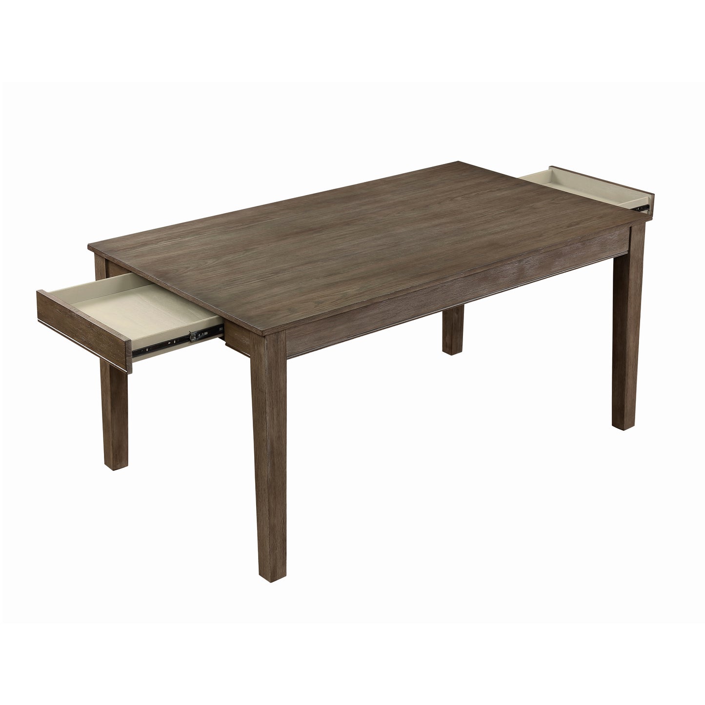 Rustic wood dining table with two extending drawers and sleek legs