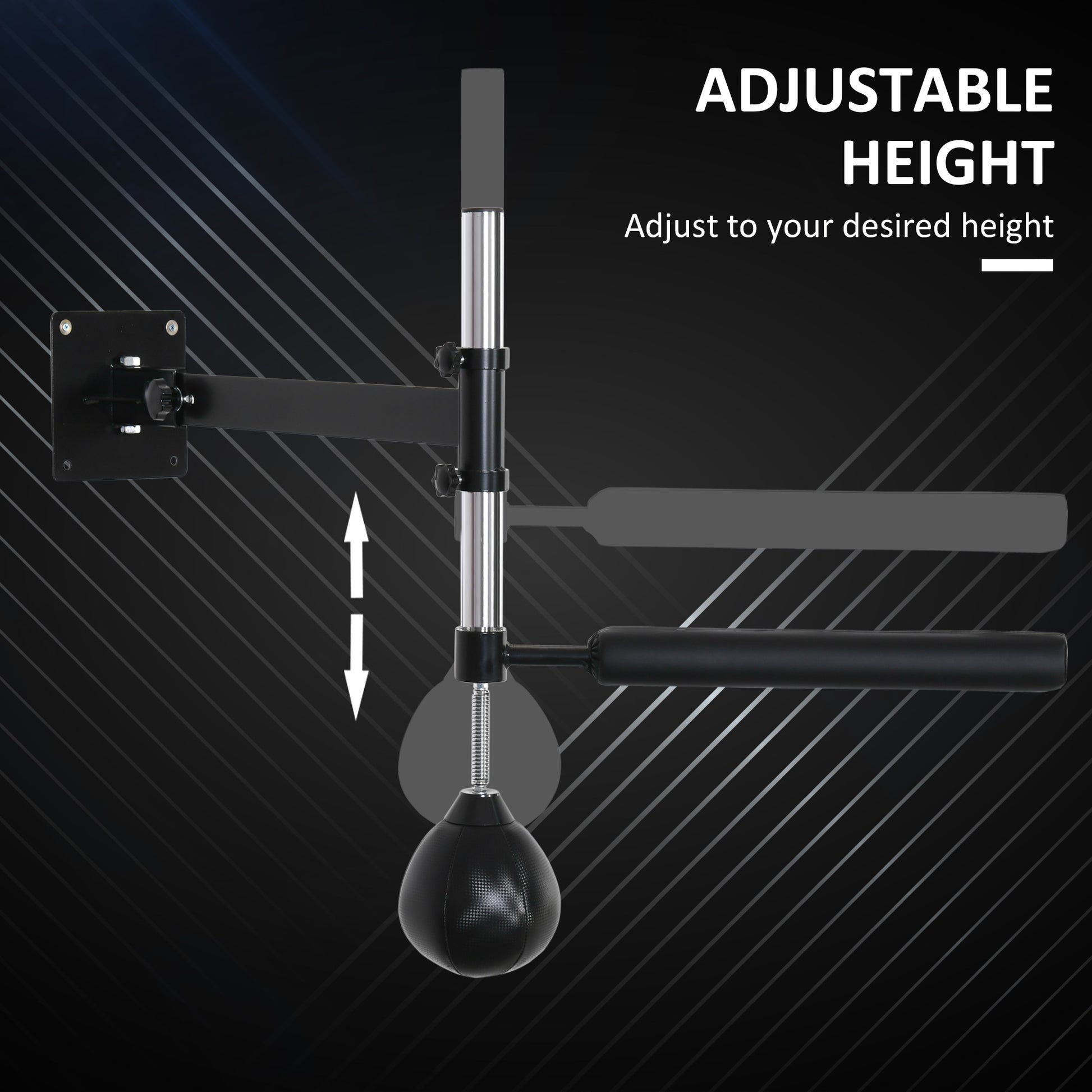 Adjustable height boxing speed bag mount with black rebound ball for training