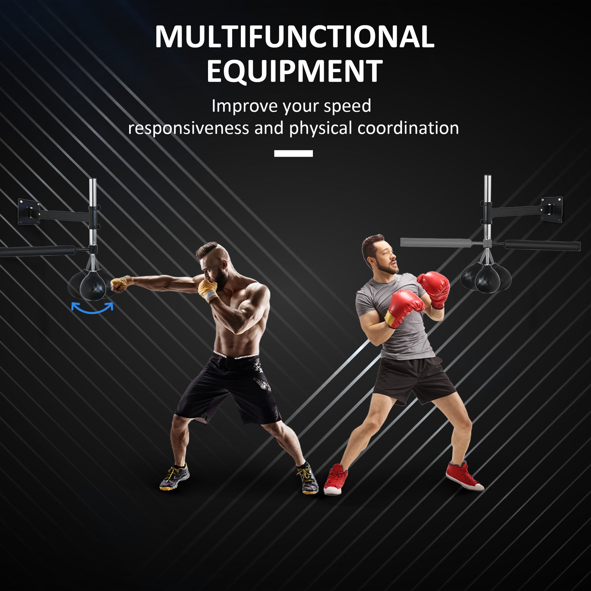 Men training with a doubleended speed bag for boxing practice