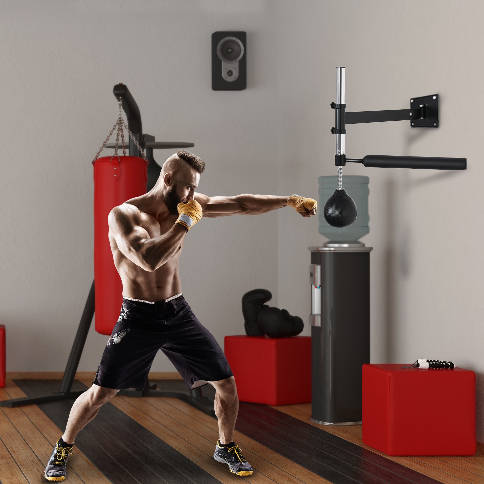 Black adjustable speed bag mount with chrome upright for home gym training