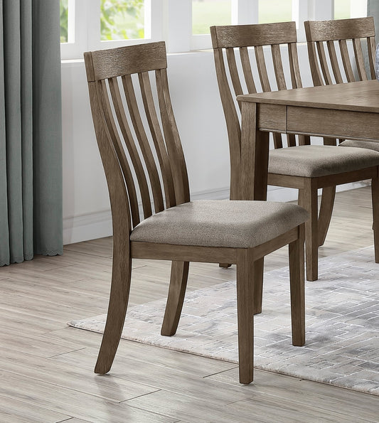 Wooden dining chair with curved back slats and grey fabric seat
