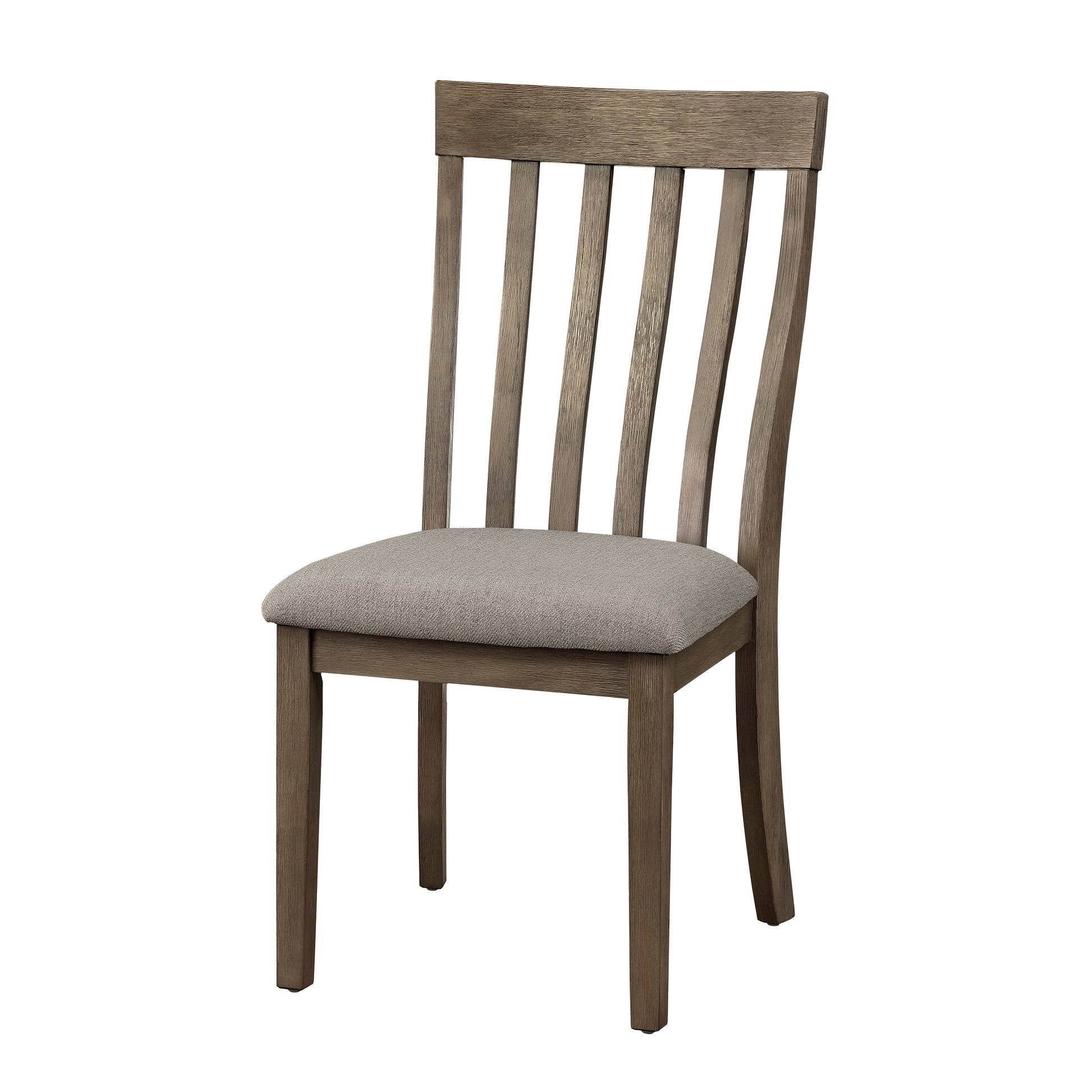 Rustic brown wood dining chair with grey fabric seat