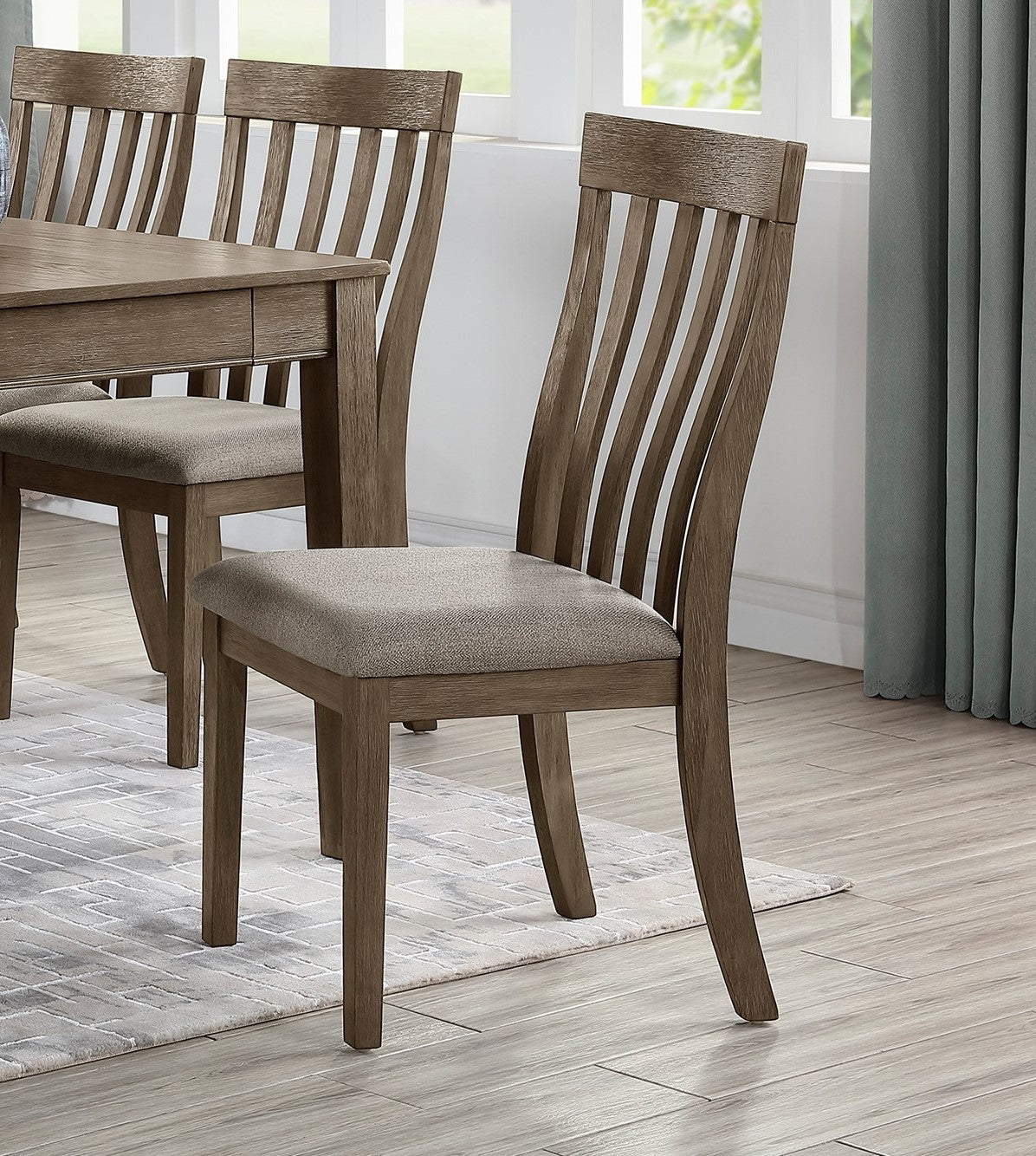 Rustic grey wooden dining chair with upholstered seat
