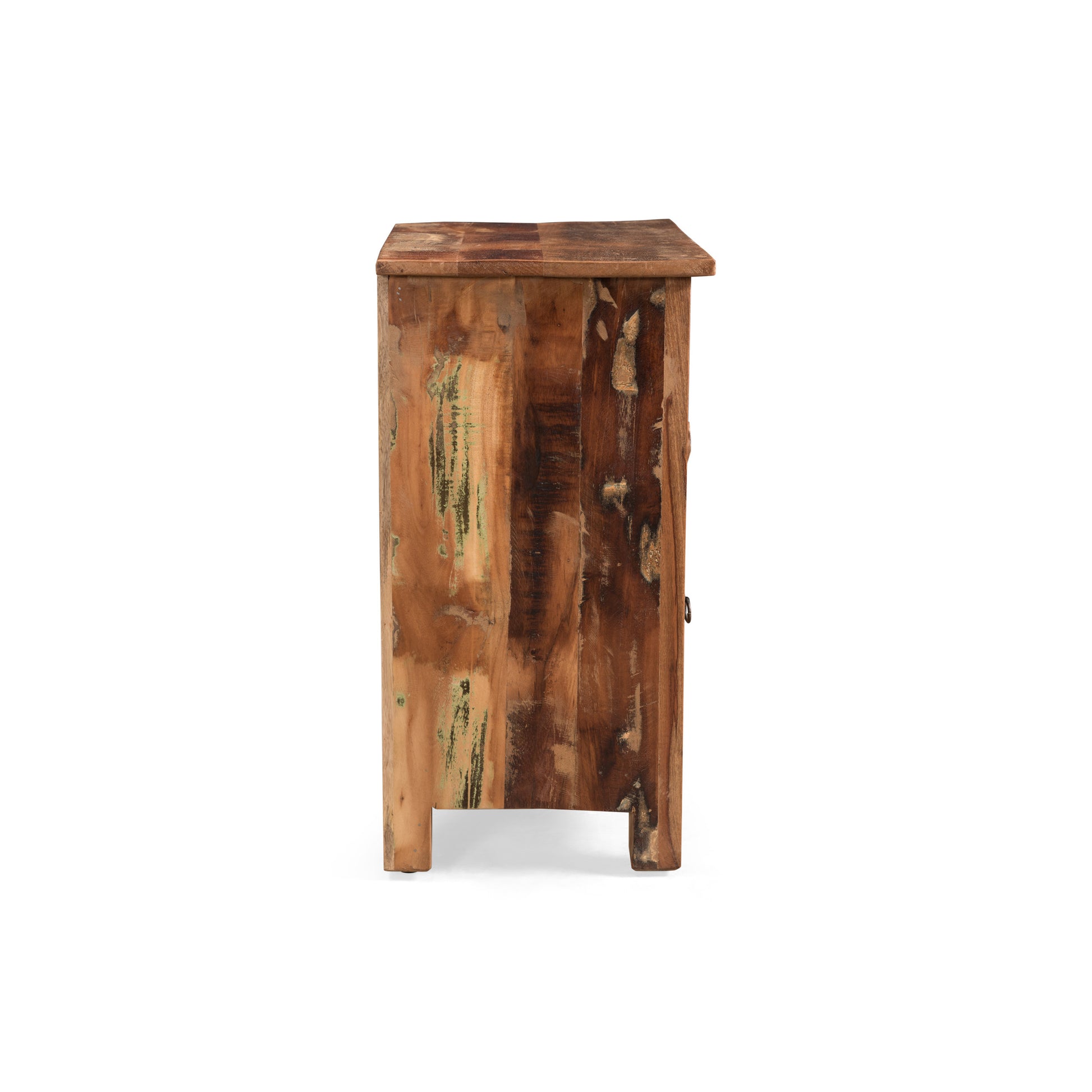 Rustic reclaimed wood bedside table with distressed finish perfect for eclectic decor