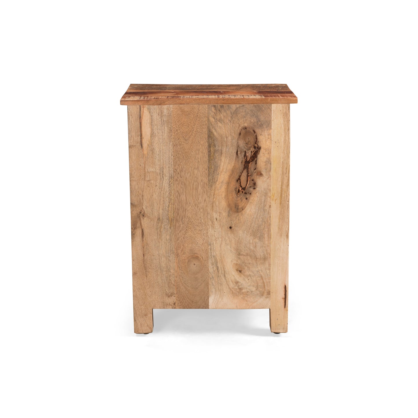 Rustic solid wood bedside table with natural grain side view