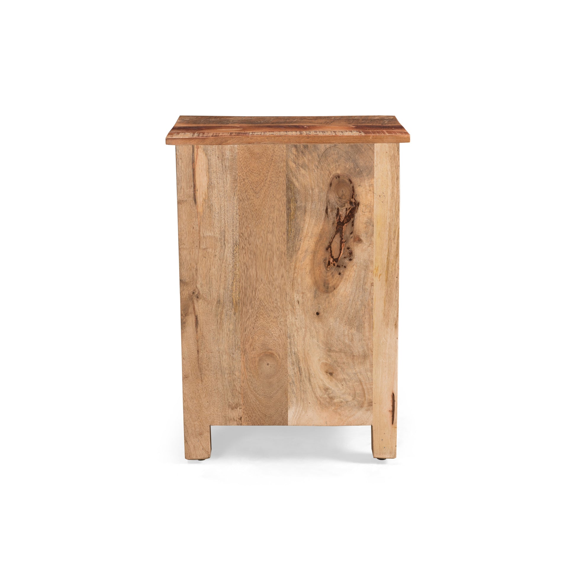 Rustic solid wood bedside table with natural grain side view