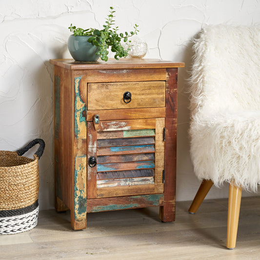 Reclaimed wood bedside table with slatted door and distressed finish