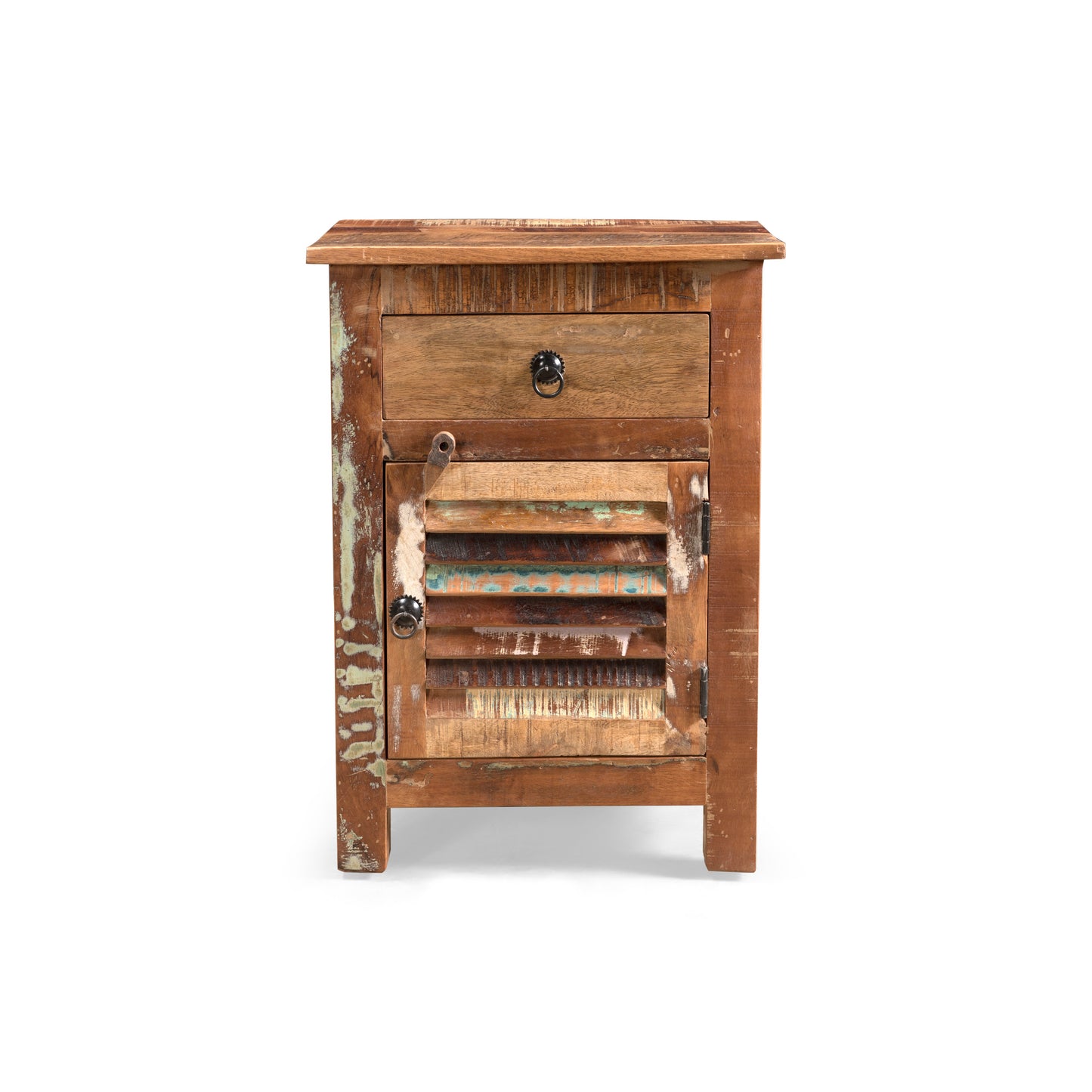 Distressed reclaimed wood bedside cabinet with one drawer and slatted door