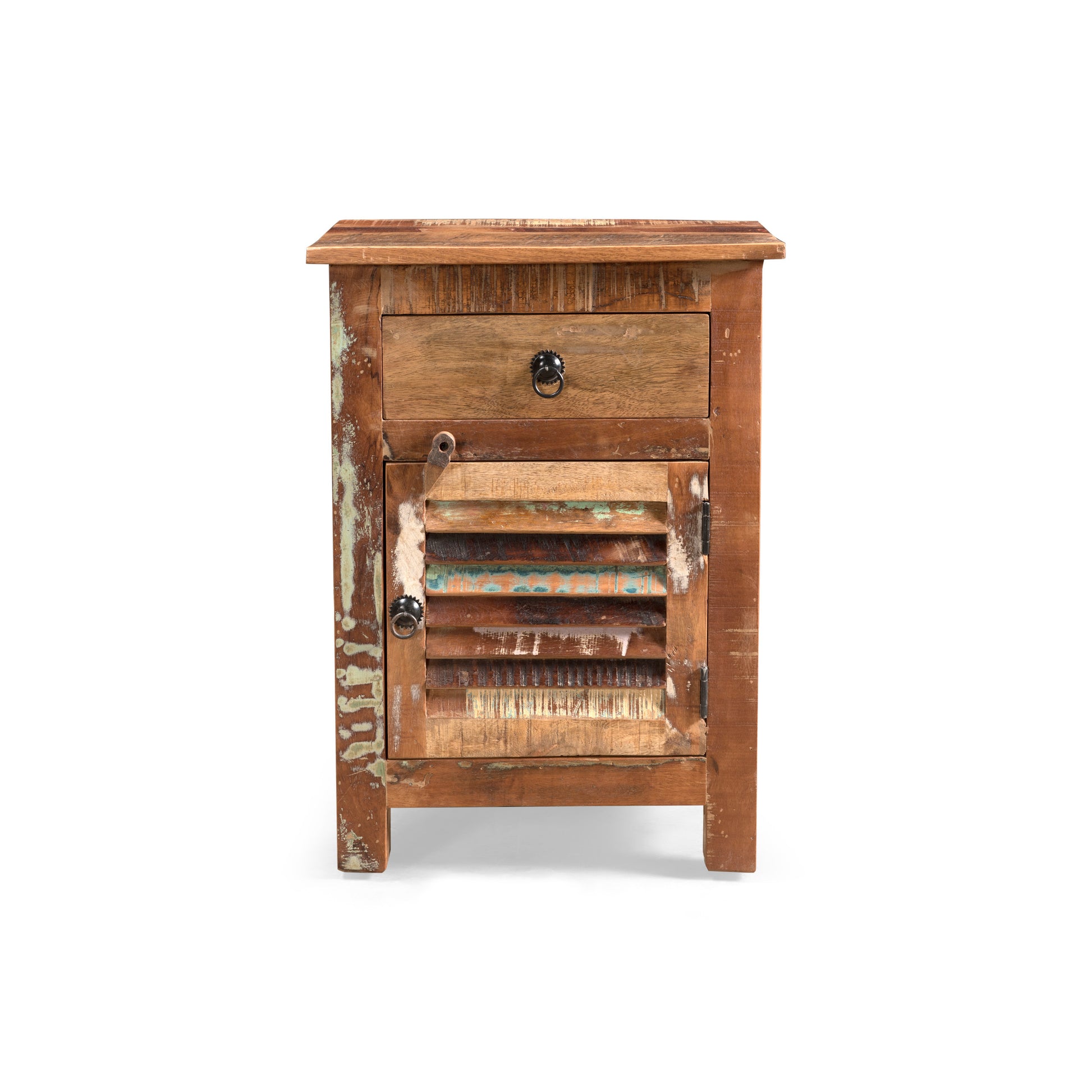 Distressed reclaimed wood bedside cabinet with one drawer and slatted door