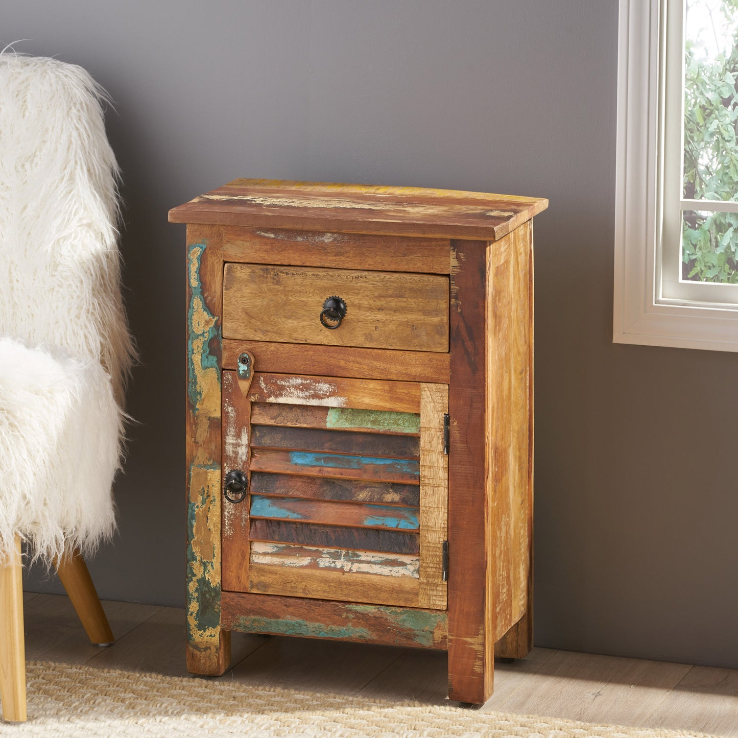 Reclaimed wood bedside table with slatted door and brass knob a rustic home accent