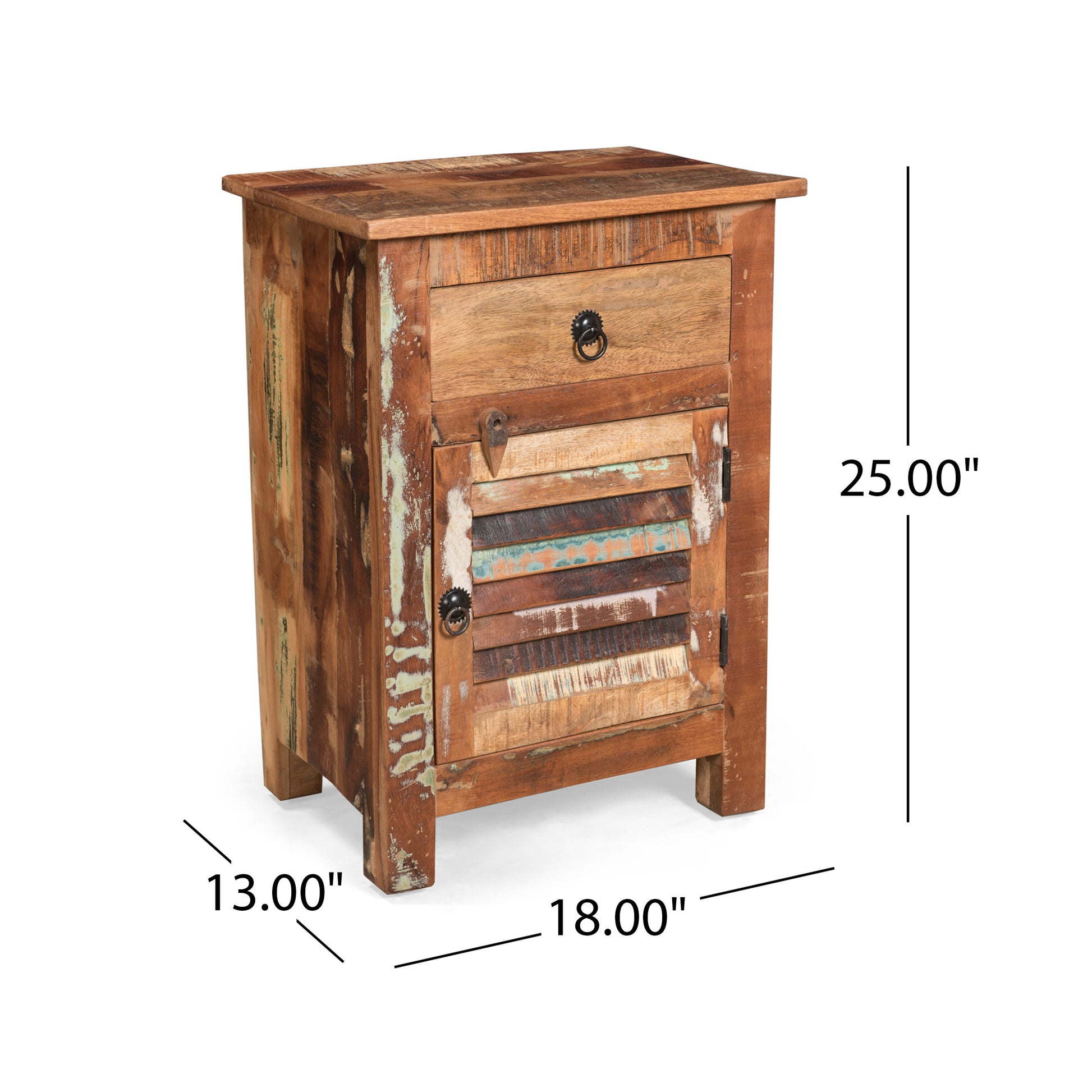 Rustic reclaimed wood nightstand with distressed multicolor door and drawer