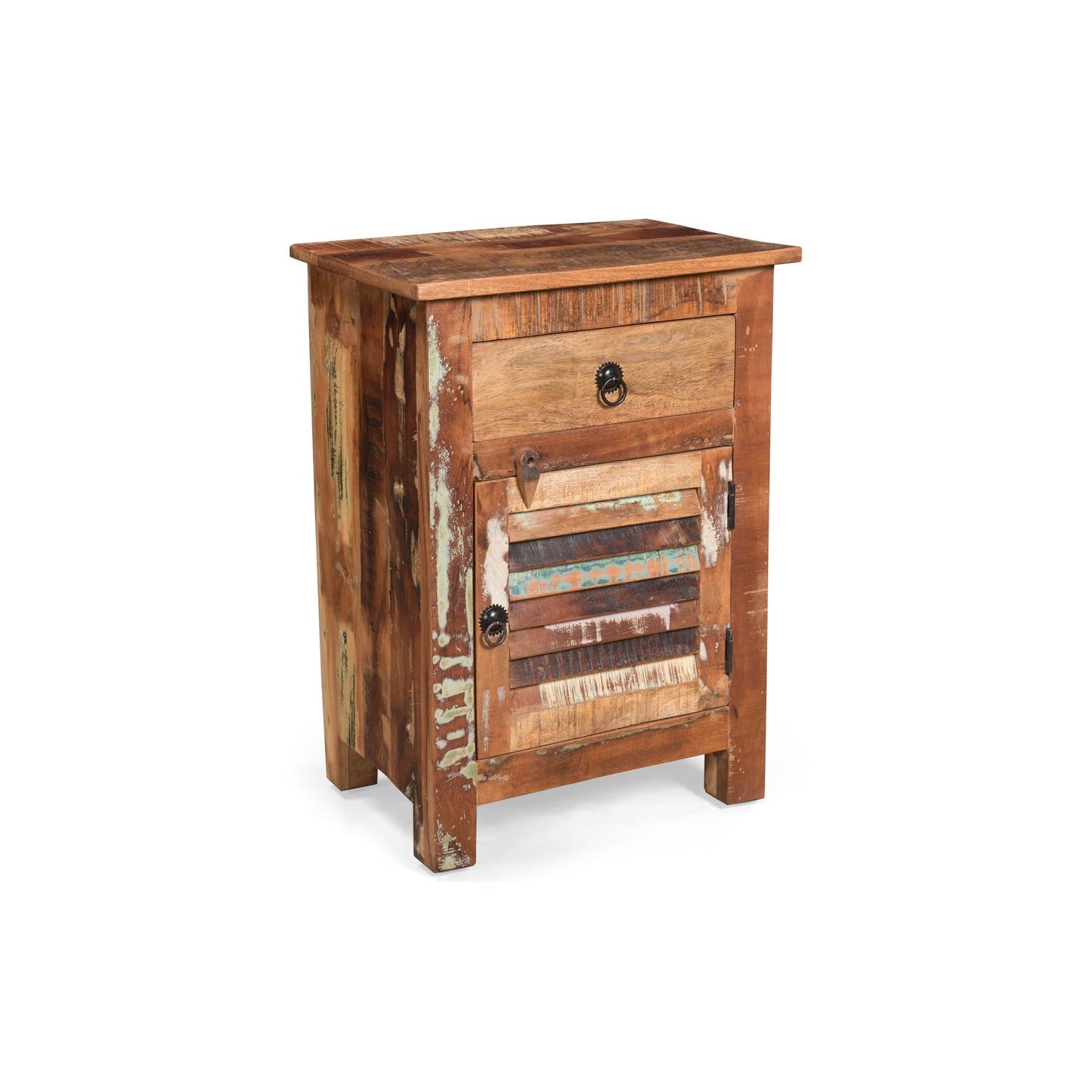 Rustic reclaimed wood nightstand with one drawer and a shutterstyle door perfect for bohemian decor