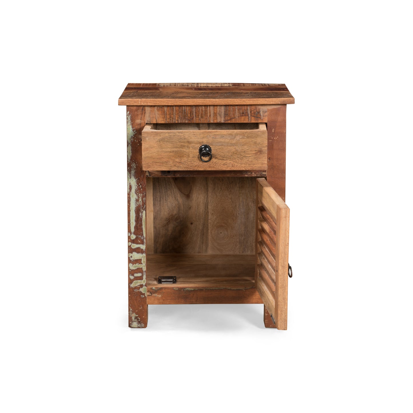 Rustic reclaimed wood nightstand with one drawer and an open cabinet