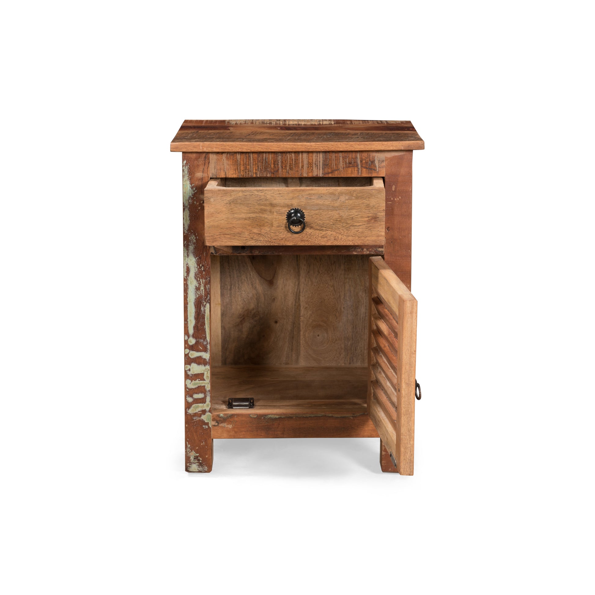 Rustic reclaimed wood nightstand with one drawer and an open cabinet