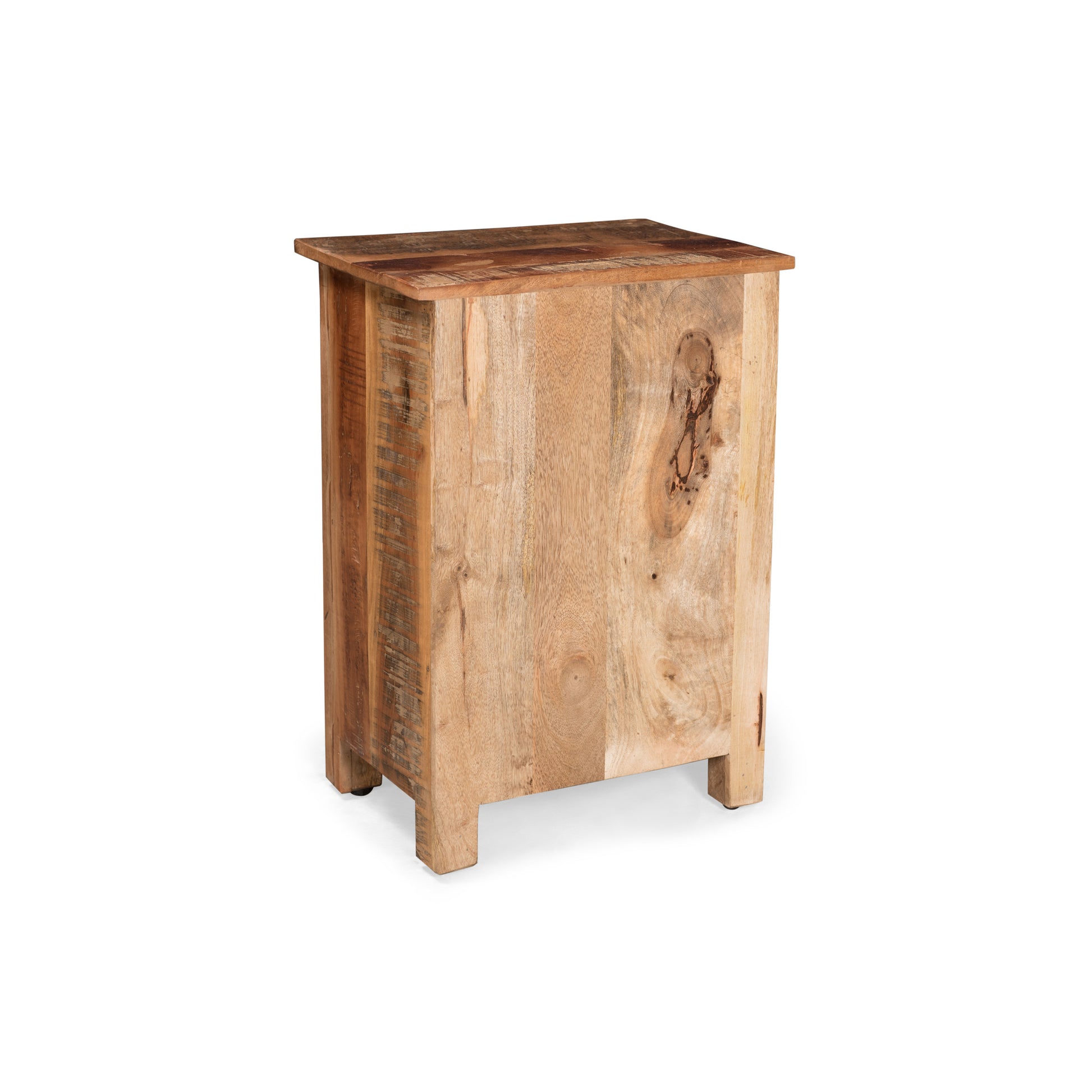 Rustic wooden side table with a natural finish and unique grain patterns