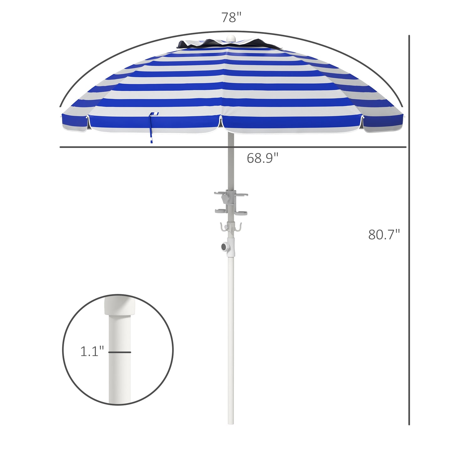 Blue and white striped patio umbrella inch diameter with hook attachments
