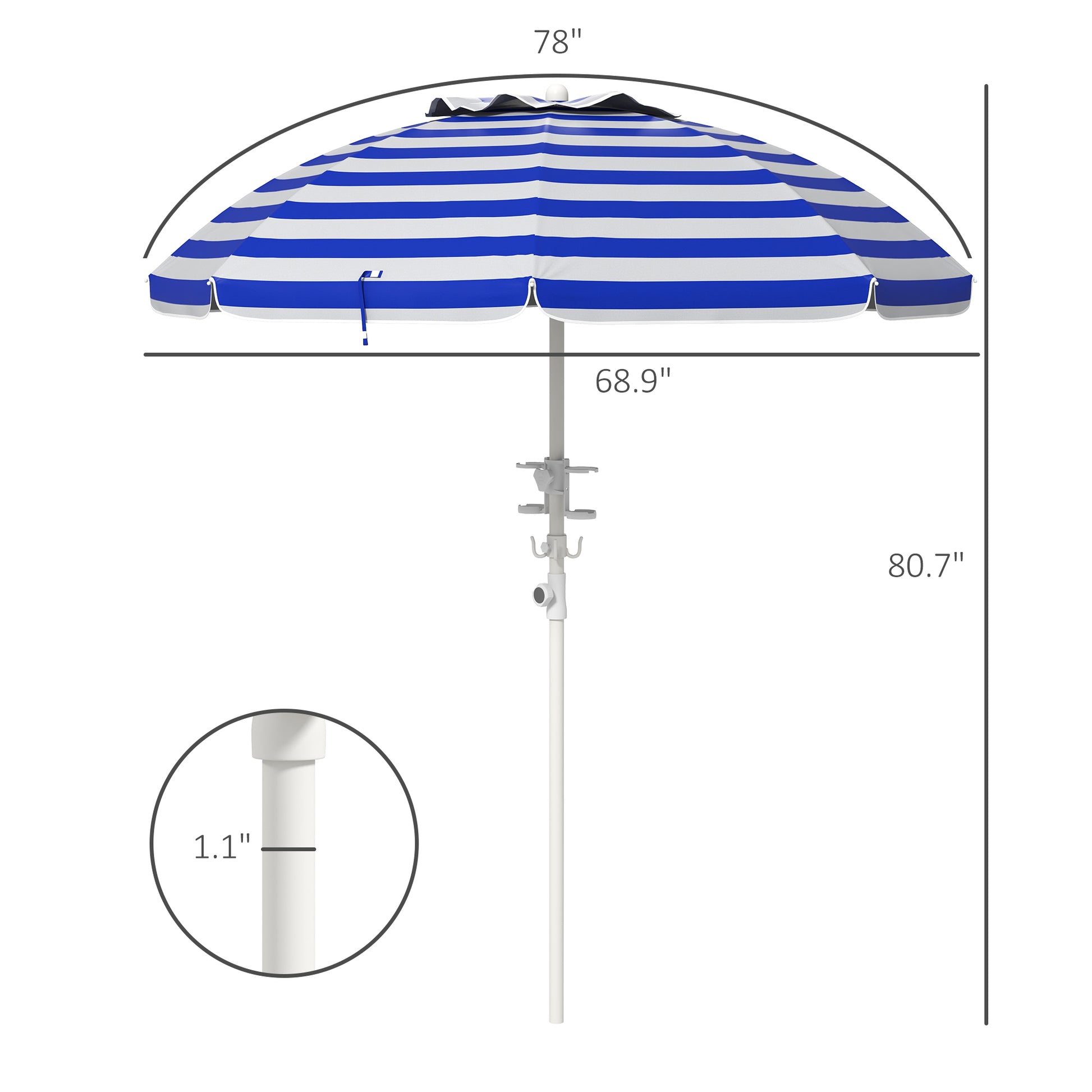 Blue and white striped patio umbrella inch diameter with hook attachments