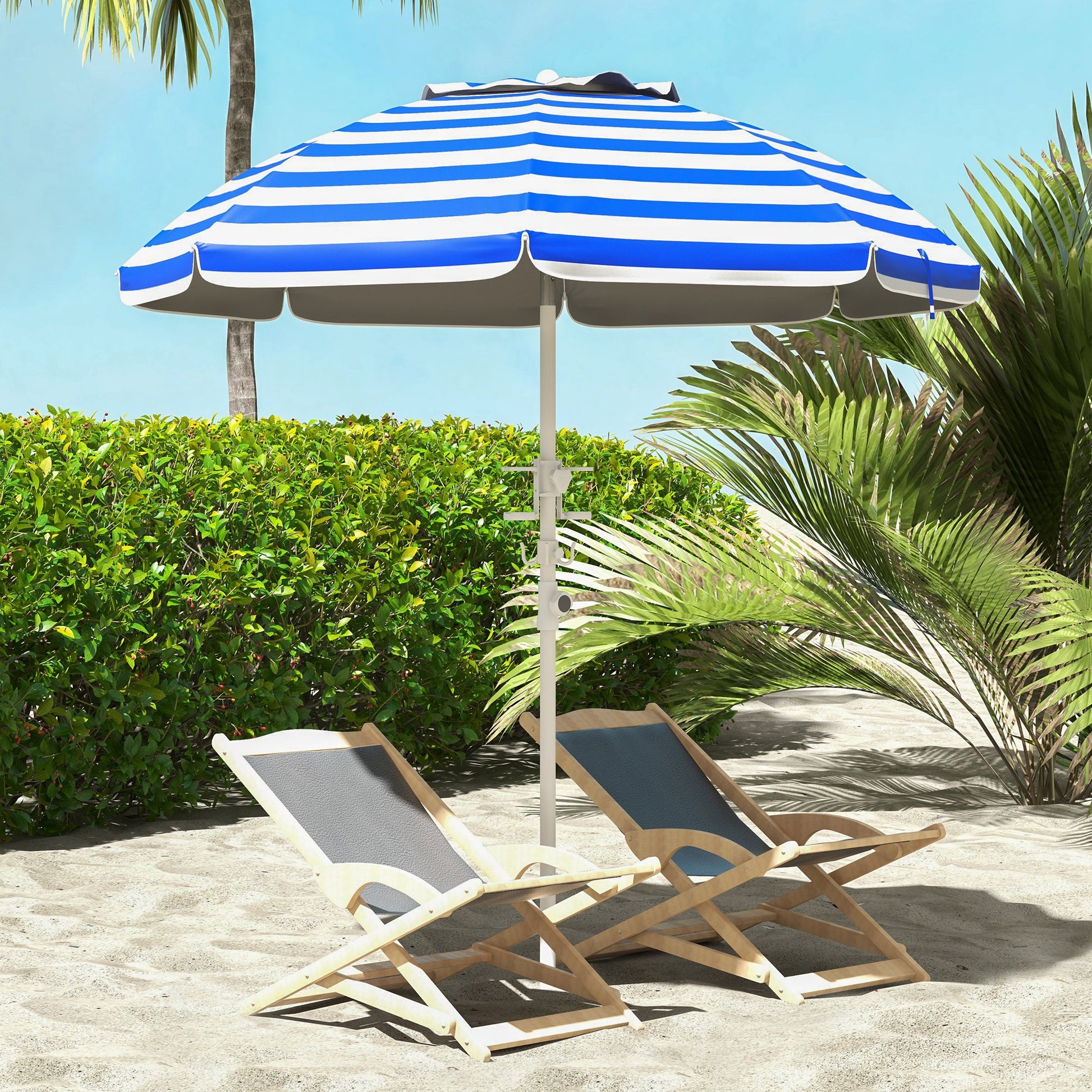 Blue and white striped beach umbrella providing shade for two wooden deck chairs