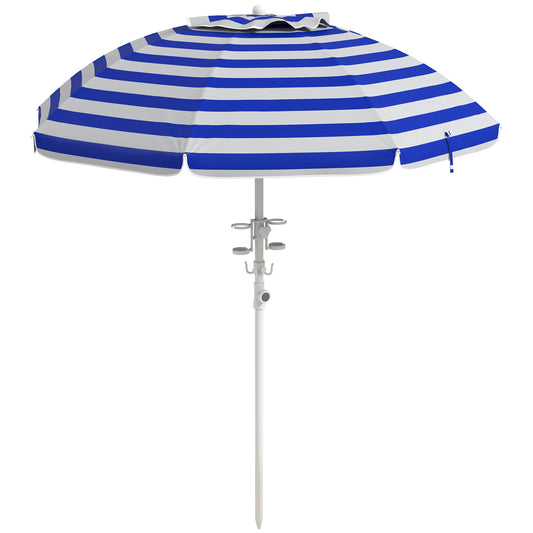Beach umbrella with blue and white stripes and integrated cup holders